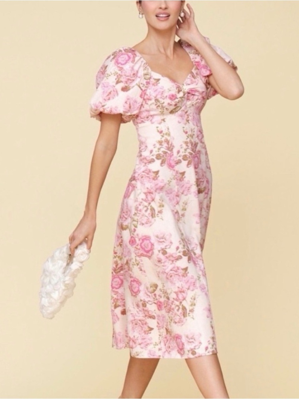Avec Les Filles Pink Floral Puff Sleeve Midi Dress | Size: 4